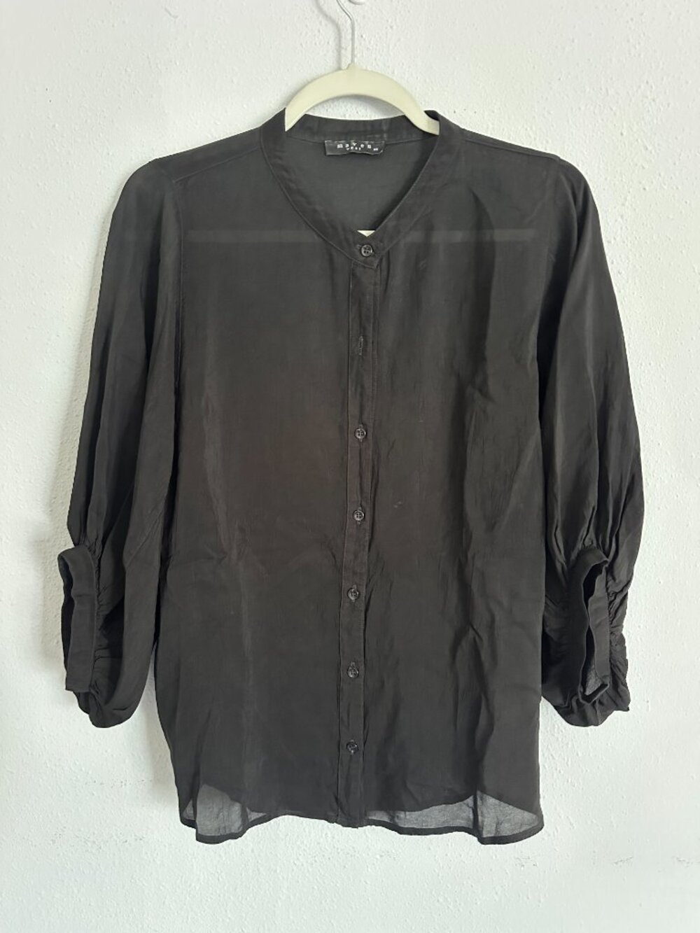 Maven West Black Cupro Blouse XS Sheer Button Front Lightweight Minimalist Shirt - Picture 2 of 8